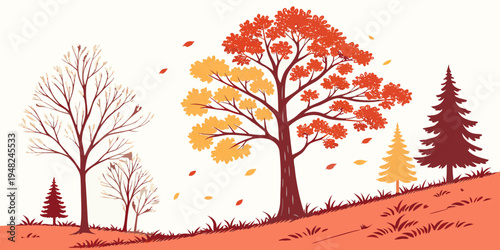 a colorful autumn landscape with trees on a hill Vector