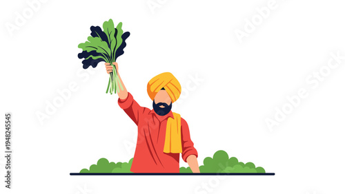 Proud indian farmer wearing a yellow turban and red shirt holding a bunch of green leafy vegetables in a field for agriculture business.
