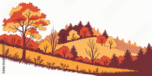 a pixel art landscape of an autumnal hillside with trees and foliage Vector