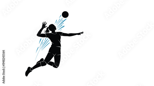 Black silhouette of a female volleyball player jumping high to hit the ball with blue water splash accents for sports performance art.