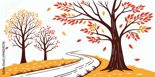 a path between trees with autumn leaves Vector