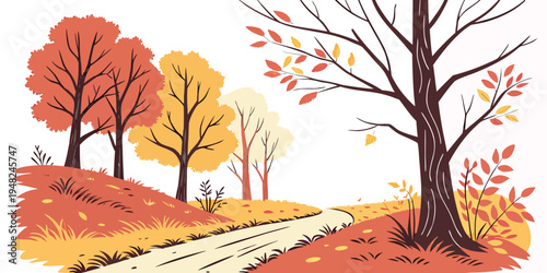 a dirt road lined with trees during autumn Vector