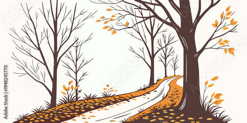a dirt road lined with bare trees in autumn Vector