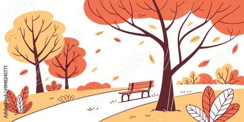 a park scene with trees and a bench on a sidewalk Vector