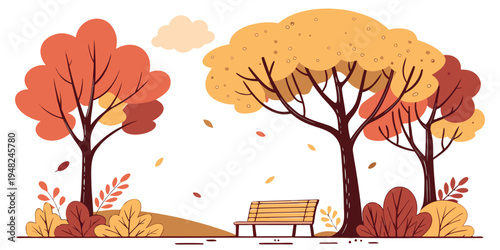 a park bench surrounded by trees with fall foliage Vector