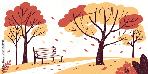 a park bench surrounded by trees with fall foliage Vector