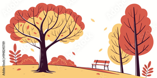 a park scene with trees and a bench Vector