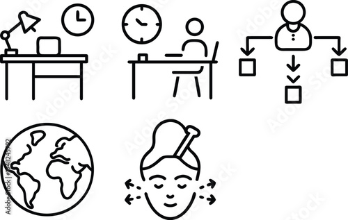 A set of icons representing work, global and personal concepts
