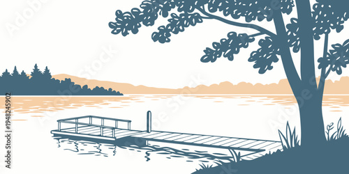 a serene lake scene with a tree and a dock Vector