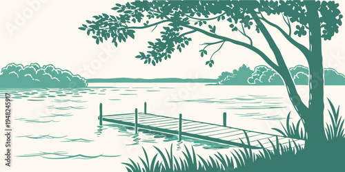 a serene lake scene with a tree and a wooden fence Vector