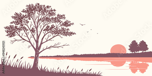 a serene landscape with a tree by a lake at sunset Vector