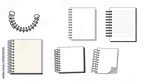 Set of various spiral notebooks and loose leaf papers in different sizes and perspectives for office, school, and writing concepts.