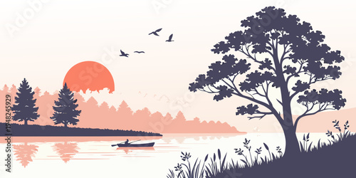 a serene lake scene at sunset with a tree and birds Vector