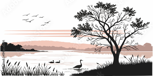 a serene lake scene with a tree and a bird Vector