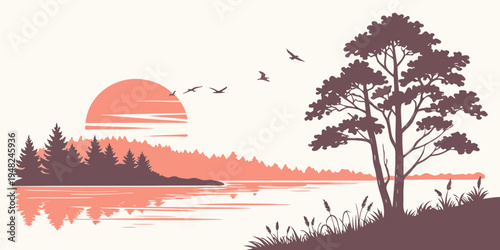 a serene landscape with a tree by a lake at sunset Vector