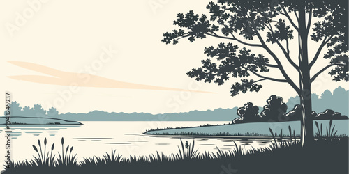 a serene lake scene with a tree on the shore Vector