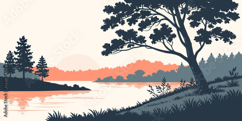 a serene lake scene at sunset with trees and a calm water body Vector
