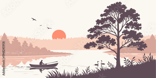 a serene lake scene with a boat and tree at sunset Vector