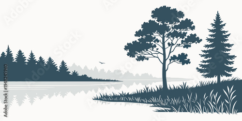 a serene lake scene with trees on the shore Vector