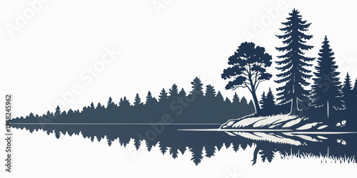 a serene lake scene with trees on the shore Vector