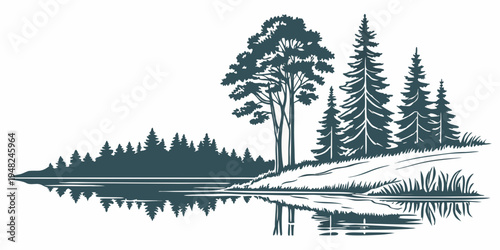 a serene landscape with trees on a lake shore Vector