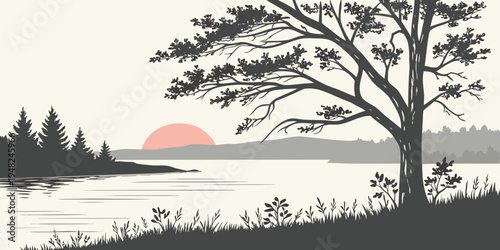 a tree stands alone by the serene lake at sunset Vector