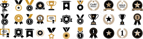 Collection of gold and black award icons and badges for recognition and achievement symbols