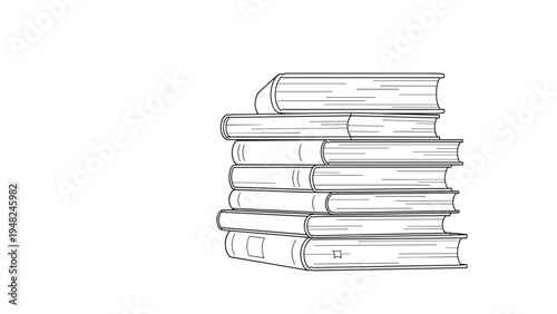 Hand drawn black and white line art illustration of a tall stack of various books for education, reading, and library store concepts.