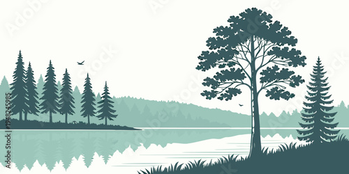 a serene lake scene with trees on the shore Vector