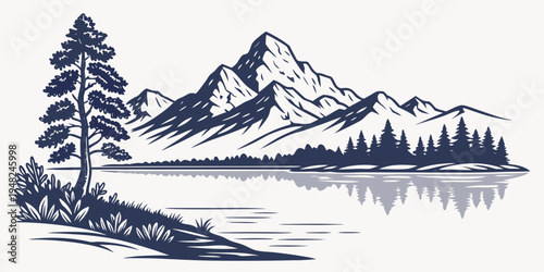 a serene mountain landscape with a lake and trees Vector