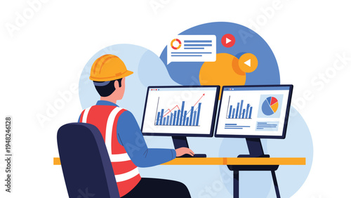 Professional engineer in a safety vest and hard hat sitting at a desk monitoring complex graphs and data on dual computer screens.
