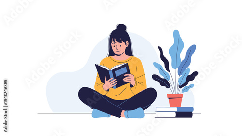 Young woman sitting cross-legged on the floor reading a book next to a tall potted plant and a stack of books for leisure activities.