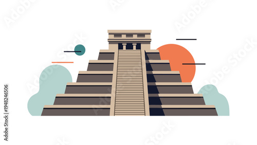 Stylized illustration of ancient Mayan step pyramid architecture at sunset with geometric sky elements and soft clouds.