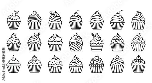 Cupcake Line Icons Set Sweet Dessert Bakery Cupcake Outline Vector Collection