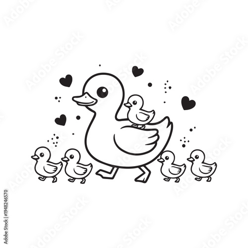 Cute mother duck and baby ducklings family line art cartoon drawing
