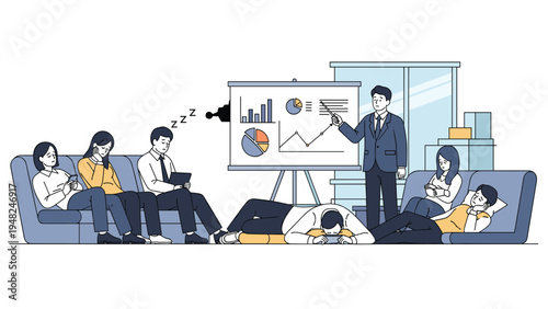 Disinterested office employees sleeping and looking at phones while manager gives presentation with charts in meeting room.