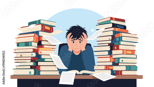 Stressed young student holding head in frustration while surrounded by massive stacks of books and flying papers at desk.