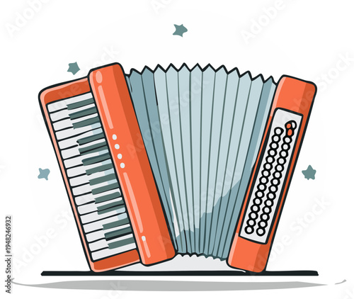 Vibrant Accordion Illustration with Bellows and Keys, Cartoon Style Musical Instrument, Classical Music