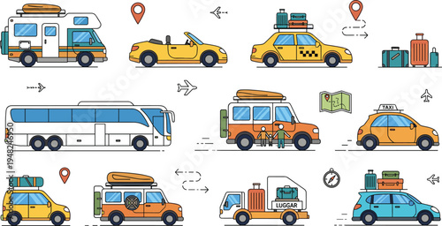 Travel transportation vehicle icon set with taxi bus camper van airplane route luggage and tourism journey transport illustration