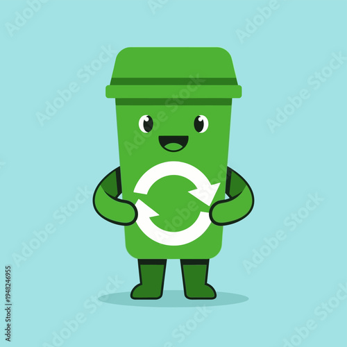 Cartoon Green Recycling Bin Character Holding Symbol.
