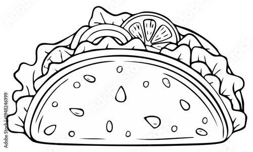 Black and white illustration of a filled taco with lettuce and lemon