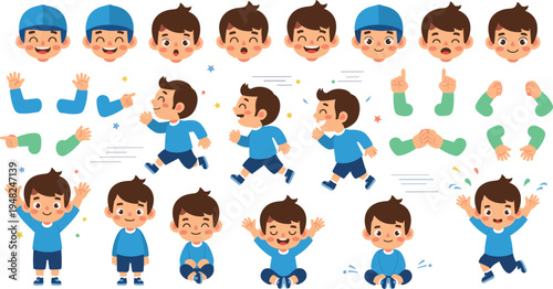 Cute little boy character action and emotion set with running jumping pointing clapping happy expressions cartoon kid illustration