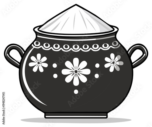 Decorative ceramic cooking pot with floral design and a lid.