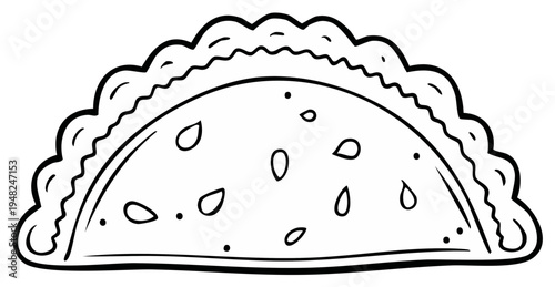 Hand-Drawn Empanada Illustration, Semicircle Pastry with Filling, Black and White Food Outline