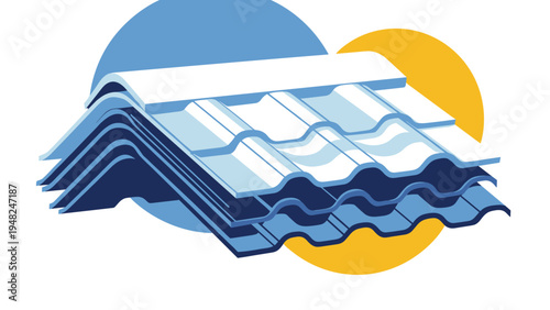 Stack of blue and grey corrugated metal roofing sheets for construction and architecture projects against circular backdrop.