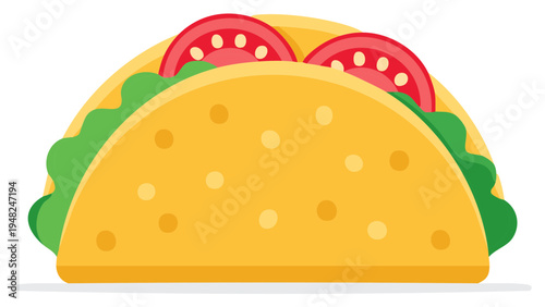 Crisp Taco with Fresh Lettuce and Juicy Tomatoes, Flat Design Illustration