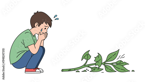 Sad young boy crouching and crying over accidentally broken green plant stem on white background with blue tears.