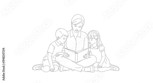 Parent reading storybook to two children, fostering imagination and learning.