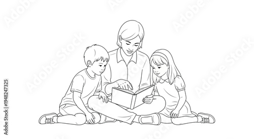 Parent reading storybook to two young children sitting on floor.