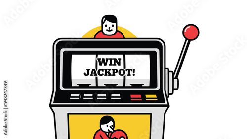 Slot machine showing win jackpot message on screen with happy man pulling lever at casino or gambling establishment.